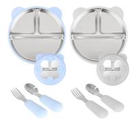 Woxovo 2 Piezas Platos de Acero Inoxidable con Ventosa, Platos Divididos Con Ventosa de 2 Cucharas y Tenedores, Platos divididos para niños con Cubierta de Silicona removible, Sin BPA