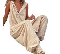 WOYUANSHA Monos Bodysuit Mono De Mujer Color Sólido Botones con Cuello En V Mono Suelto Suave Sin Mangas con Capucha Señora Mono Largo M Beige