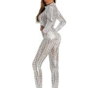WOYUANSHA Monos Bodysuit Mono De Mujer con Agujeros Calados Color Sólido Ajustado Ajustado Suave Elástico Manga Larga Mono De Escenario De Baile XL Plateado