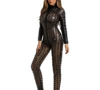 WOYUANSHA Monos Bodysuit Mono De Mujer con Agujeros Calados Color Sólido Ajustado Suave Elástico Manga Larga Mono De Escenario De Baile XL Negro