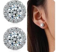 WOZNU Pendientes de Zirconia Cúbica de Plata Esterlina de Baja Alergia de Platino de 18 k Pendientes de Perno de Halo de Diamante Simulado Grande Brillante para Mujeres