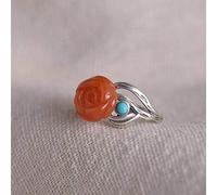 WOZUIMEI Anillo de Estilo Chino Joyería S925 Anillo de Plata Esterlina Retro Temperamento de Moda Femenina Ágata Roja Del Sur Lotus Anillo Dividido Ajustable Anillo de Plata TailandésApertura ajustab