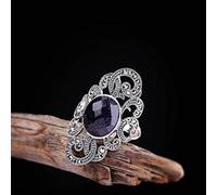 WOZUIMEI Anillo de Estilo Chino, Joyería S925, Anillo de Plata Pura, Joyería, Joyería, Moda, Retro, Abierto, Mujer, Granada, Anillo RojoAnillo de arenisca azul