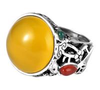 WOZUIMEI Anillo Retro de Estilo Chino S925 Joyería de Plata Estilo Étnico Retro Calcedonia Amarilla Patrón Hueco Anillo Femenino AbiertoCalcedonia amarilla