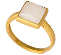 WOZUIMEI Anillo Retro de Estilo Chino S925 Plata Esterlina Dorada Artesanal Anillo Ajustable Simple Cuadrado de Nefrita Natural Anillo de Plata de Estilo Antiguo FemeninoAnillo cuadrado simple