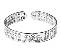 WOZUIMEI Brazalete Vintage de Estilo Chino S999 Brazalete de Loto de Plata Ancho de Las Escrituras Pulsera Unisex Apertura Budista Pulsera Brillante AjustableBrazalete ancho Scripture Lotus