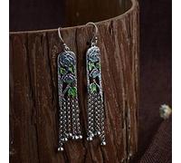 WOZUIMEI Pendientes de Estilo Chino Eardrop S925 Plata Retro Llano Plata Quemado Azul Artesanía Pendientes Mujer Borla Joyería Pendientes Largos de PlataQuema azul