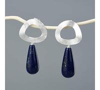 WOZUIMEI Pendientes de Estilo Chino Gota de Oreja en Forma de Abanico Cuentas de Lapislázuli Plata Esterlina S925 Pendientes Femeninos Vintage Hechos a Manoplata
