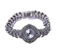 WOZUIMEI Reloj Vintage Plata de Ley 925 Reloj de Pulsera Vintage Joyas Plata Tailandesa Retro Marcasita Reloj Femeninoblanco