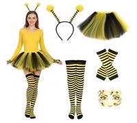 Wqafe Disfraz de abeja para mujer, disfraz de abeja, disfraz de abeja, para adultos, mujeres, niños, con falda de tul, cinta para la cabeza, cinta de antena a rayas, calcetines, guantes largos