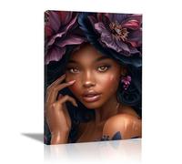 WQBQKKX Cuadro Mujer Africana Flores Mujer Negra Cuadros En Lienzo,Morado, negro Cuadros Salon Dormitorio Cocina Pared Imágenes Wall Art Prints Decor-60x80cm Enmarcado