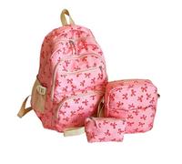 WQCMH 3 Pcs/Set Cute Girl Large Capacity Backpack Bow Print Nylon Schoolbag Adjustable Strap Women Daily Campus Backpack