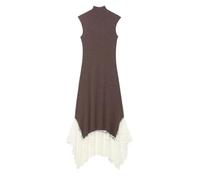 WQCMH Dress Women's Brown Mock Neck Sleeveless Maxi with White Lace Hem Elegant Asymmetric Knit Dress For Casual & Formal(Brown,as4,Alpha,l,Regular,Regular)