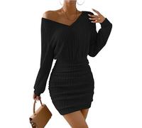 WQCMH Dresses Women's Autumn Winter Knitted Sweater Mini Dress Female Casual Wrap V-Neck Long Sleeve Warm Bodycon Short Dresses Robe(Black,XL)