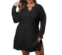 WQCMH Plus Size Notch Neck Long Sleeve Knitted Sweater Dress Women Autumn and Winter Elegant White Pullover Mini Dresses(Black,XL)