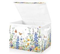 WQHPLMD Cestas de Flores Plegables con Tapas, Flores Silvestres de Acuarela, Cajas de Almacenamiento de Primavera, cestas de Ropa para organizar