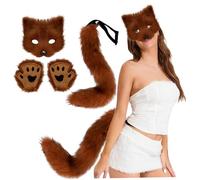 WQHPLMD Fox Costume Halloween Mask,Tail and Furry Paws Plush Mask Fluffy Paw Gloves and Tails for Women Dress up Party