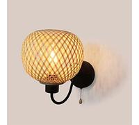 WQHPLMD Hand-Woven Rattan Wall Sconce with Pull Switch - Black Metal Headboard for Living Room and Bedroom Lighting