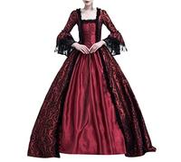 WQHPLMD Masquerade Women Deluxe Medieval Queen Costume, Women's Halloween Vintage Medieval High Waist Maxi Dress Victorian Cosplay Lace Flare Sleeve Costume Floor Length Dress,Wine,L