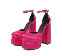 WQHPLMD Tacones de Bloques para Mujeres de toba Cuadrada de Tobillo de Tobillo de Pan de Diez Rhinestons cuña de satén satén Alta Plataforma de Plataforma Zapatos de Vestir Origen China