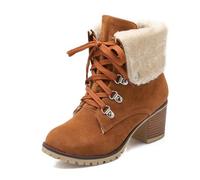 WQHPLMD Winter Boots Mid Heel Lace Up Snow Boots Round Toe Chunky Heel Short Shoes Suitable for Women's Office Weddings