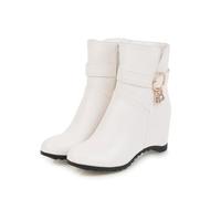 WQHPLMD Winter Boots Round Toe Wedge Heel Short Boots Rhinestone Buckle Side Zipper Beige Suitable for Womens Office Weddings