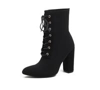 WQHPLMD Women Pointed Toe Chunky Heels Knit Lace Up Ankle Boots Party Dress Pumps Shoes 9.5cm