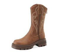 WQHPLMD Women's Boots Round Toe Embroidered Cowboy Boots Retro Thick Heel Mid Calf Shoes Suitable for Daily Casual Walking