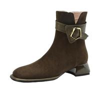 WQHPLMD Women's Boots Square Toe Block Heel Flat Boots Belt Buckle Side Zip Closure Low Boots Suitable for Daily Leisure and Strolling