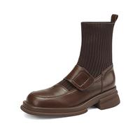 WQHPLMD Women's Boots Square Toe Block Heel Flat Boots Belt Buckle Side Zip Closure Low Boots Suitable for Daily Leisure and Strolling