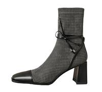 WQHPLMD Women's Boots Square Toe Chunky Heel Boots Bow Embellished Mid Calf Boots Suitable for Daily Leisure Travel and Shopping