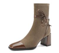 WQHPLMD Women's Boots Square Toe Chunky Heel Boots Bow Embellished Mid Calf Boots Suitable for Daily Leisure Travel and Shopping