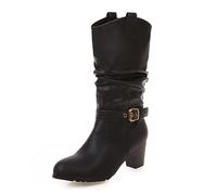 WQHPLMD Women's Boots Winter Warm Thick Heel Shoes Round Toe Pleated Mid Calf Boots Suitable for Daily Leisure Outdoor Daily Sports