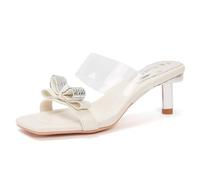 WQHPLMD Women's Clear Heeled Sandals Square Toe Kitten Mules Open Toe Slip On Dress Summer Shoes 5 CM