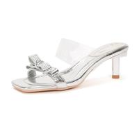 WQHPLMD Women's Clear Heeled Sandals Square Toe Kitten Mules Open Toe Slip On Dress Summer Shoes 5 CM