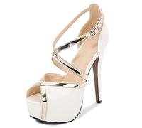 WQHPLMD Women's Heeled Sandals Pumps Open Toe Cross Strap Platform High Heel Fish Mouth Patent Leather Stiletto Shoes Classic Professional Nightclub Model Catwalk Casual Shoes