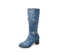 WQHPLMD Women's High Boots Denim Round Toe Low Chunky Heels Boots Casual Winter Dress Travel Shoes 6 CM