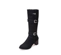 WQHPLMD Women's High Boots Denim Round Toe Low Chunky Heels Boots Casual Winter Dress Travel Shoes 6 CM