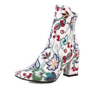 WQHPLMD Women's High Boots Square Toe Embroidered Chunky High Heel Boots Side Zip Closure Low Shoes Suitable Daily Outdoor Sports Autumn and Winter