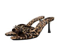 WQHPLMD Women's Leopard Print Mules with Bow Open Round Toe Stiletto Sandals Party Dress Slip On Shoes 6CM