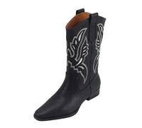 WQHPLMD Women's Mid Calf Boots Square Toe Embroidered Cowboy Boots Gray Chunky Heel Boots Suitable for Outdoor Walking Sports