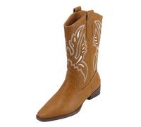 WQHPLMD Women's Mid Calf Boots Square Toe Embroidered Cowboy Boots Gray Chunky Heel Boots Suitable for Outdoor Walking Sports