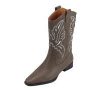 WQHPLMD Women's Mid Calf Boots Square Toe Embroidered Cowboy Boots Gray Chunky Heel Boots Suitable for Outdoor Walking Sports