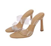 WQHPLMD Women's Round Toe PVC Two Strap Stiletto Heeled Sandal Transparent Strap Backless Slip On Party Mules Shoes 8cm