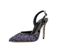 WQHPLMD Women's Sandals Stiletto Pointed Toe Sequins Slingback Pumps Ankle Strap Party Dress Shoes