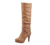 WQHPLMD Women's Winter Boots Pump Style Thick Sole Mid Calf Boots Round Toe Side Zipper Block Heels Suitable for Casual Office Weddings