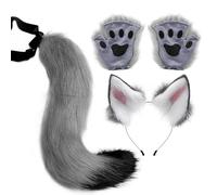 wqibq Wolf Ohren, Schwanz und Handschuh Set - Breites Anwendungsspektrum Flauschiges Kostümzubehör für Kinder undd Erwachsene - Tierverkleidung fürr Fasching, Halloween, Cosplay oder Mottoparty