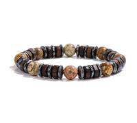 Wqishinuanyang Pulsera de cuentas de madera vintage para hombre, ónix negro, pulsera de piedra de hematita, hecha a mano, 19 CM, Piedra Cuero