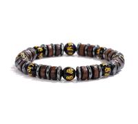 Wqishinuanyang Pulsera de cuentas de madera vintage para hombre, ónix negro, pulsera de piedra de hematita, hecha a mano, 19 CM, Piedra Cuero