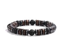 Wqishinuanyang Pulsera de cuentas de madera vintage para hombre, ónix negro, pulsera de piedra de hematita, hecha a mano, 19 CM, Piedra Cuero
